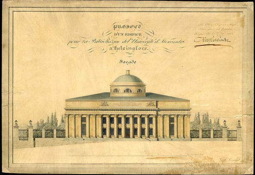 Yliopiston kirjaston julkisivupiirrustus. C.L.Engel 1836
