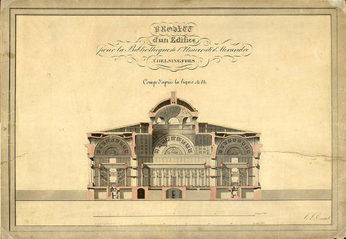 Yliopiston kirjaston leikkauspiirrustus. C.L.Engel 1836