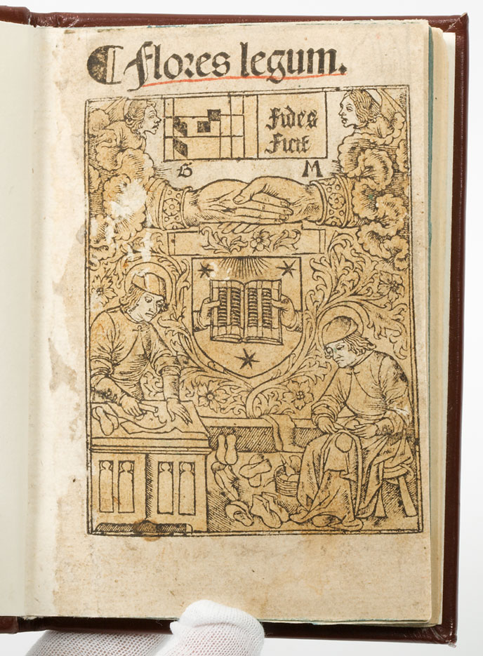 KORISTELTU NIMIÖSIVU. Flores legum secundum ordinem alphabeti. Paris: Guy Marchant 1496.