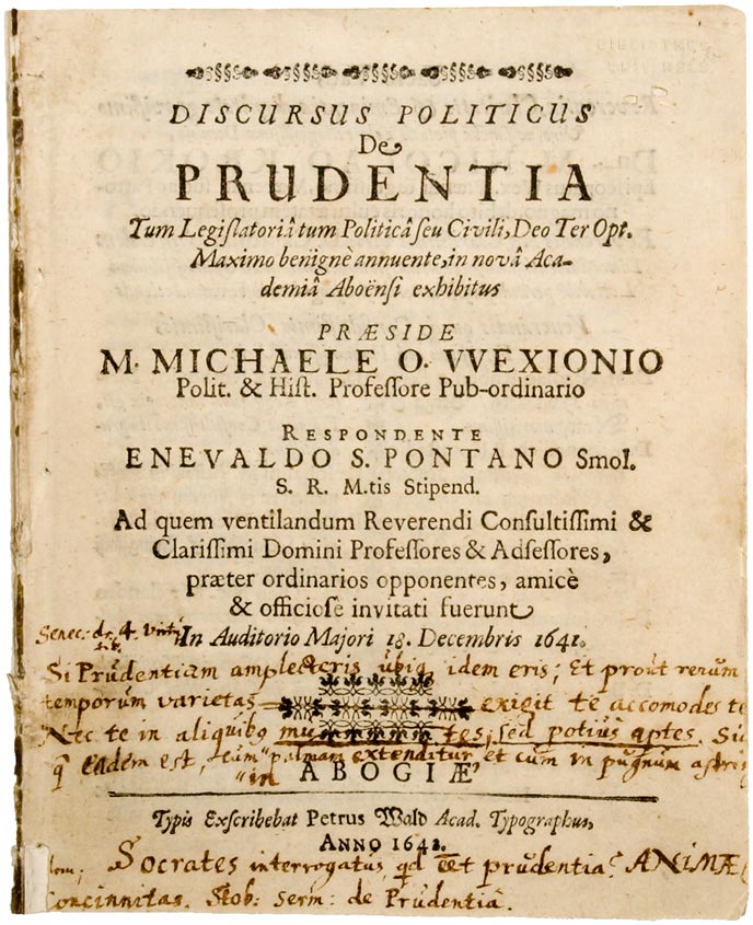 MichaeL Wexionius-Gyldenstolpe, Discursus politicus de prudentia. Aboae 1642.