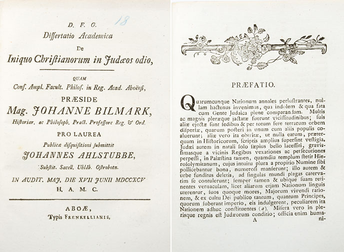 Johannes Bilmark, Dissertatio academica de iniquo christianorum in Judaeos odio. Aboae: typis Frenckellianis 1795.