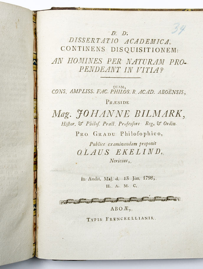 Johannes Bilmark, Dissertatio academica. Aboae 1798.